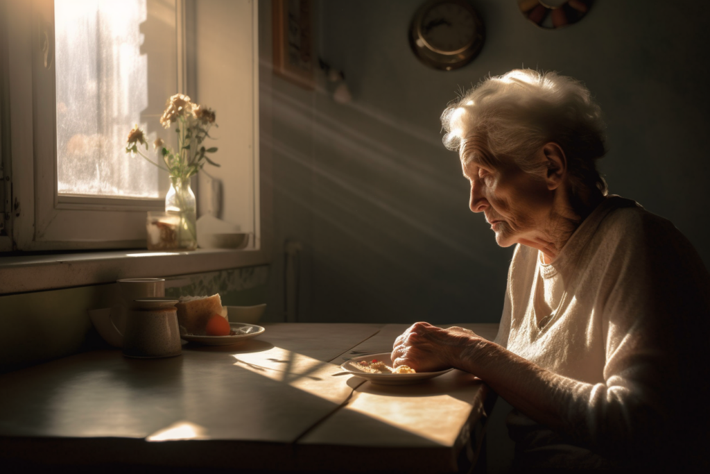 elderly woman with Alzheimer's sitting in kitchen