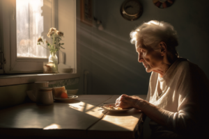 elderly woman with Alzheimer's sitting in kitchen