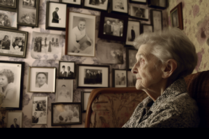 elderly woman with Alzheimer's sitting in room surrounded by photo frames