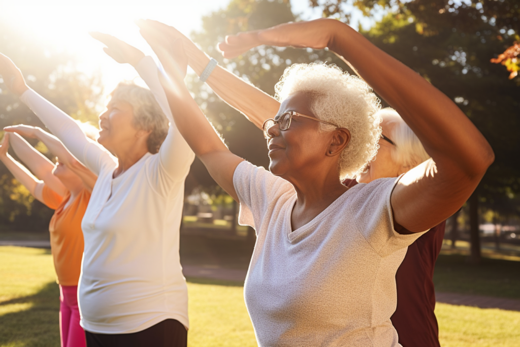 seniors exercising outside in the park