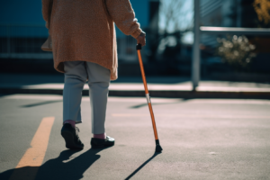 woman with multiple sclerosis walking with the aid of a cane