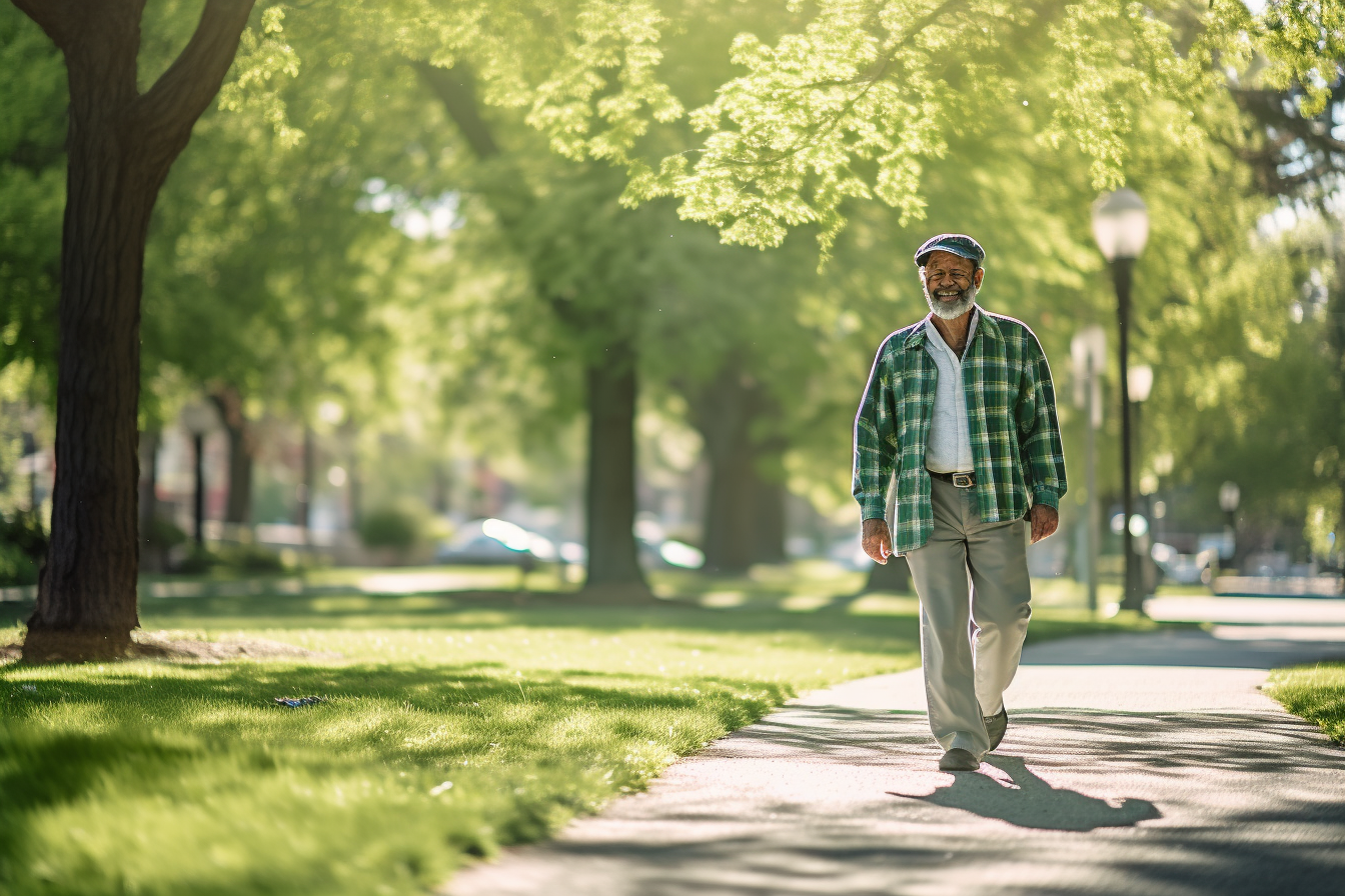 Older male with Parkinson's walking in the park