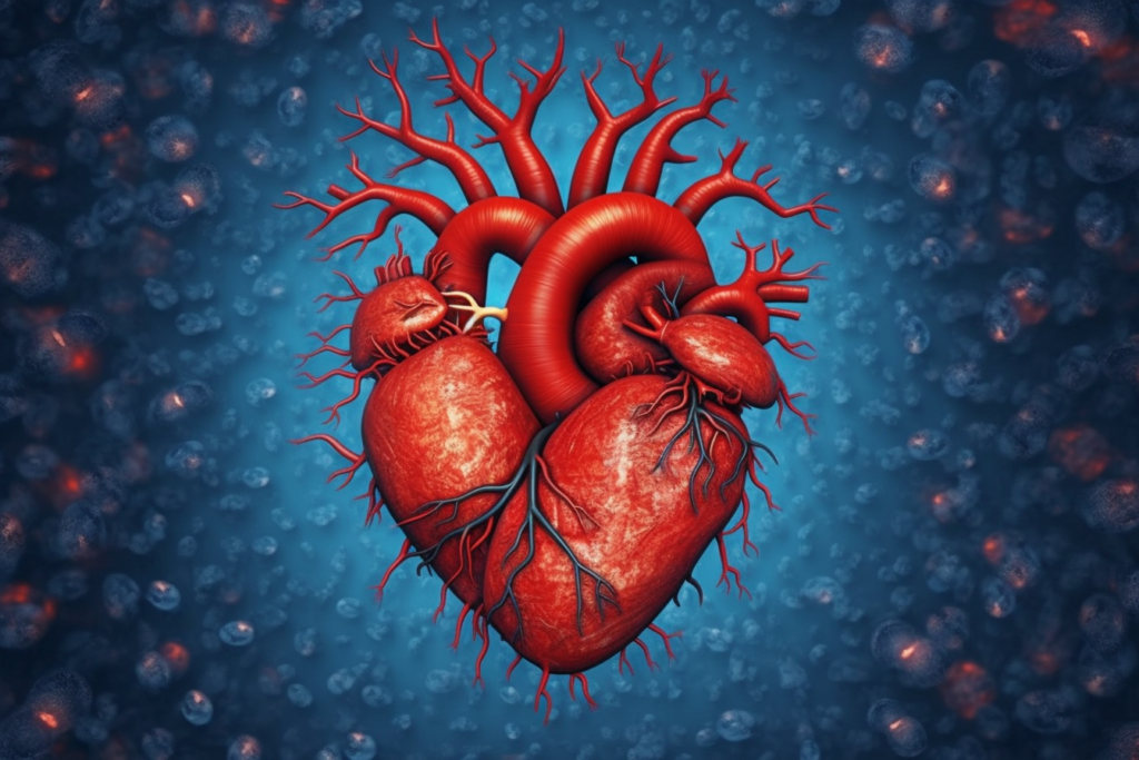 illustration of a human heart surrounded by stem cells