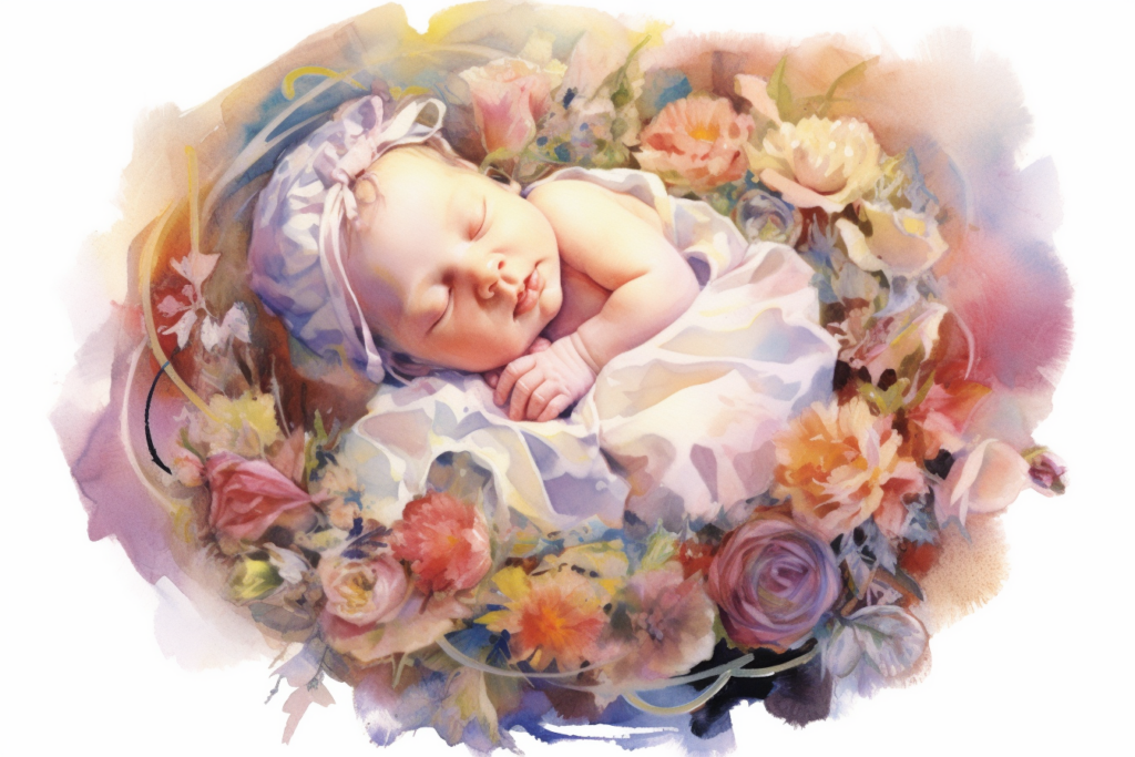 newborn baby surrounded by flowers