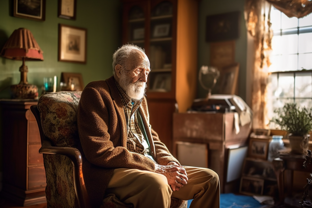 older man with Alzheimer's sitting in his living room