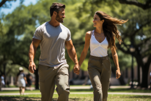 healthy couple walking in the park after eating a healthy meal