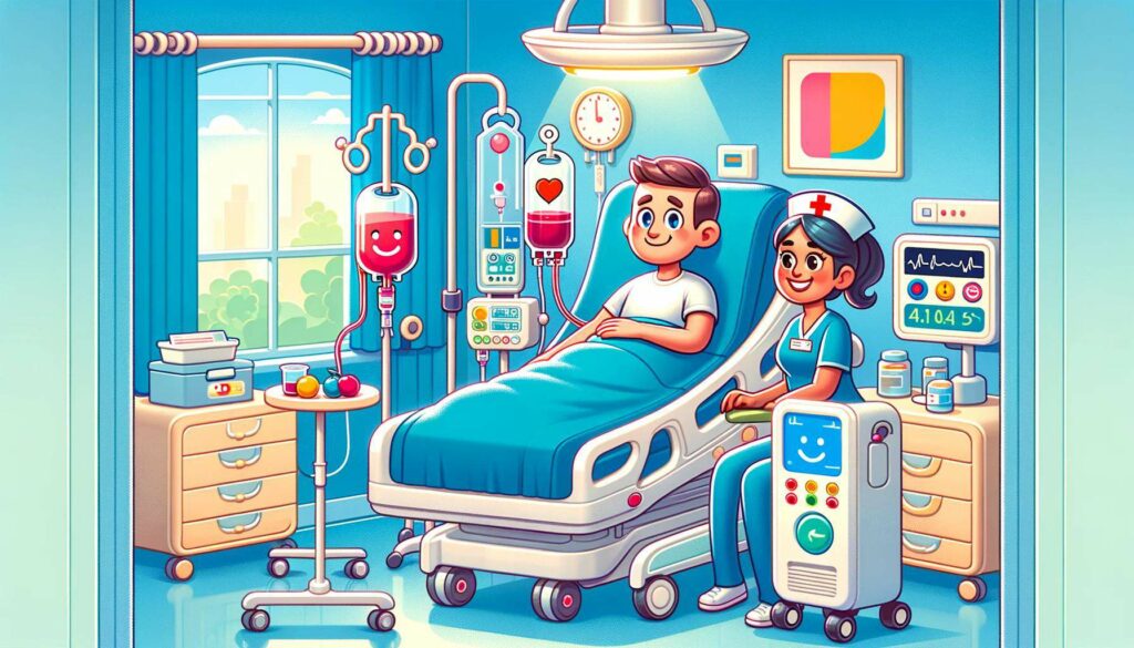 cartoon image of male patient undergoing HSCT for leukemia