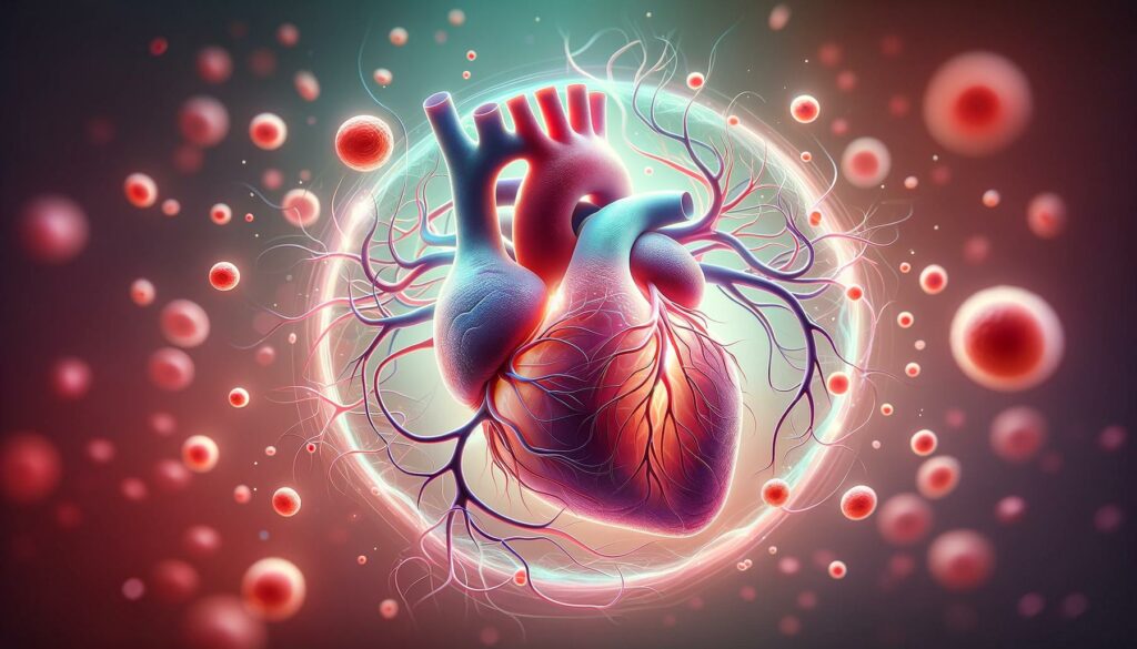 Human heart surrounded by stem cells