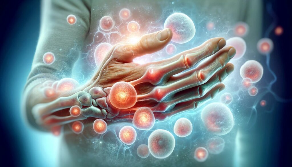 image of stem cells healing a hand with rheumatoid arthritis