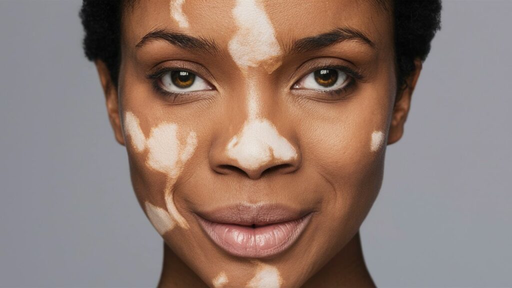 close up of a woman with vitiligo