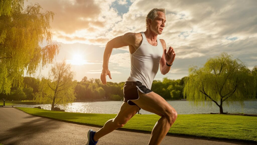 healthy mid-age male jogging in park after stem cell therapy