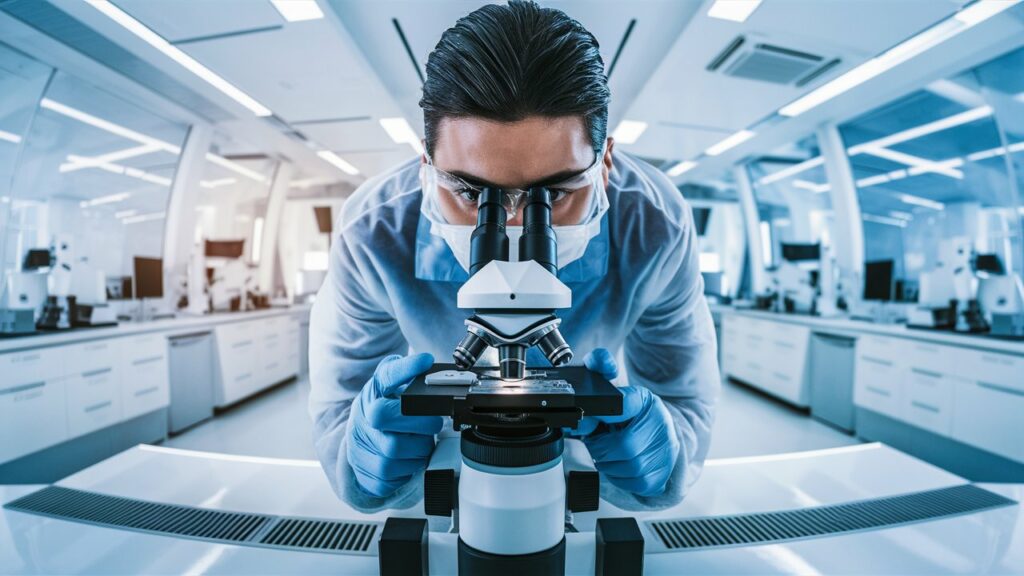 scientist studying stem cells via microscope