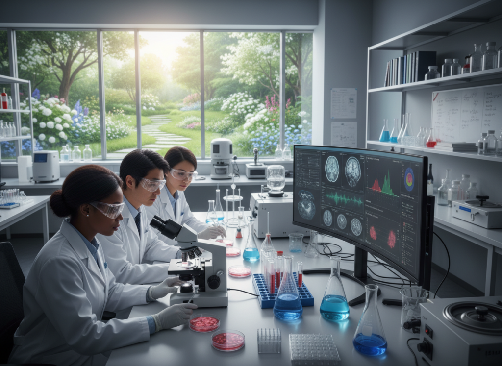 A detailed laboratory setting focusing on stroke recovery and stem cell research. In the foreground, a diverse group of scientists in professional lab coats and safety goggles are examining stem cell cultures under a microscope. The middle ground features a high-tech workstation with petri dishes, flasks, and a digital screen displaying brain scans and stem cell data, illuminated by soft, natural lighting. In the background, large windows let in daylight, revealing a serene garden outside, symbolizing hope and recovery. The atmosphere is one of determination and innovation, with a clean and organized workspace that highlights the seriousness of the research being conducted. The image should evoke a sense of progress and collaboration in the fight against the effects of stroke on the brain.