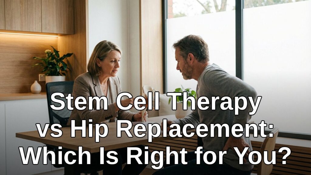 Doctor consulting with patient about stem cell therapy vs hip replacement surgery options using anatomical hip model