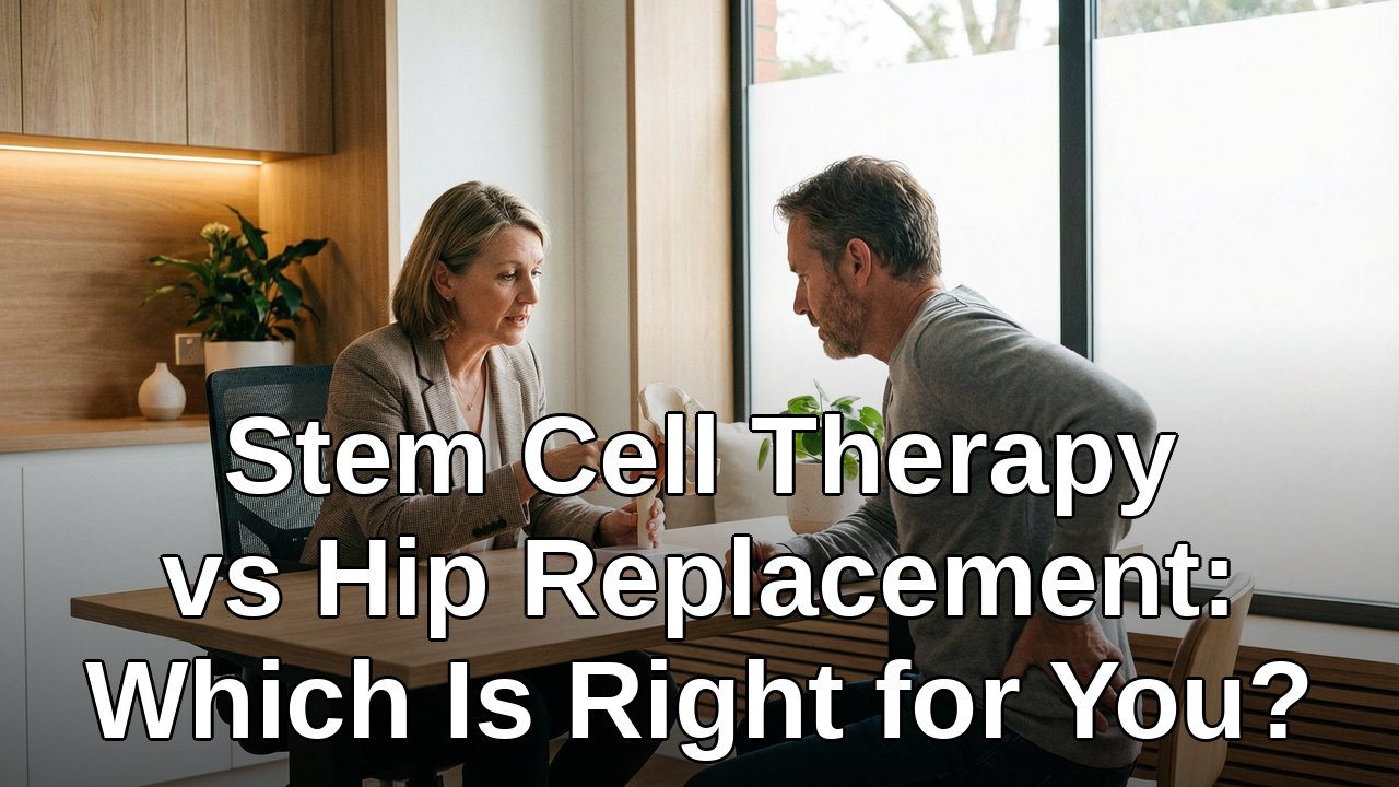 Doctor consulting with patient about stem cell therapy vs hip replacement surgery options using anatomical hip model