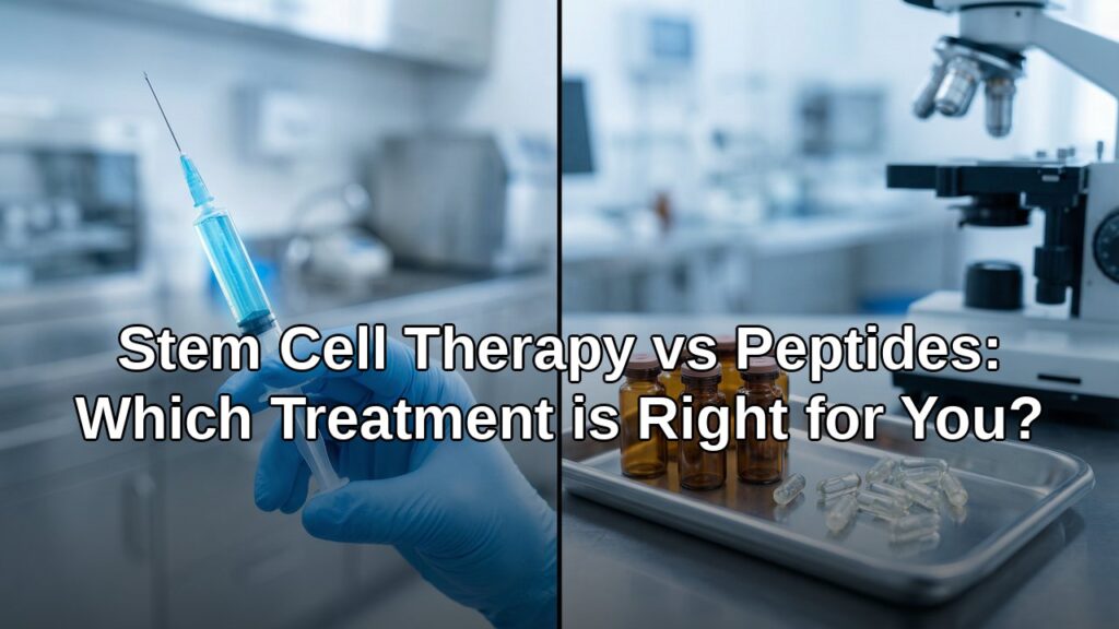 Stem cell therapy vs peptide therapy comparison showing a syringe and vials in a modern medical lab