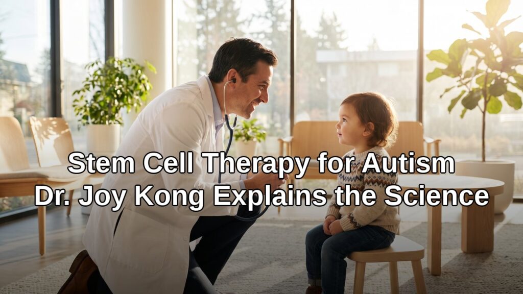 Doctor kneeling to speak with a young child in a bright clinic — stem cell therapy for autism