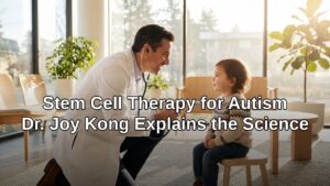 Doctor kneeling to speak with a young child in a bright clinic — stem cell therapy for autism