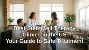 Doctor and patient at a welcoming stem cell therapy clinic reception desk