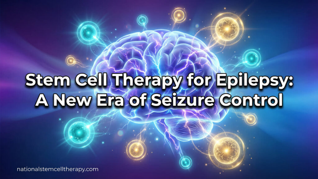 Stem cell therapy for epilepsy - glowing brain with neural activity and stem cells