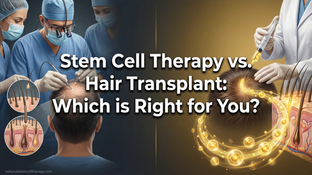 Stem cell therapy vs hair transplant - split image showing surgical and non-surgical hair restoration