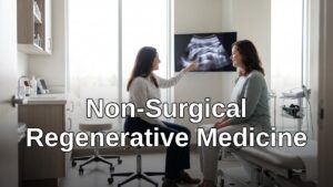 A patient smiling and walking confidently outdoors after receiving non-surgical regenerative treatment, with a blurred natural background.