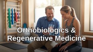 A doctor and patient review a 3D model of a knee joint, discussing regenerative treatment options in a modern clinic setting.