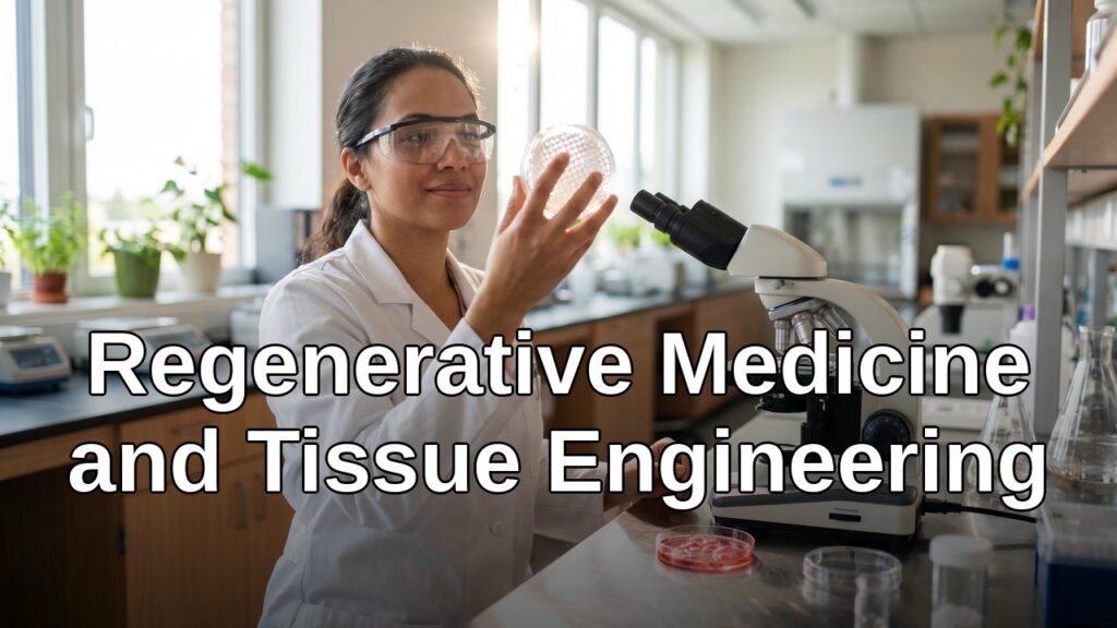 A scientist in a modern, brightly lit laboratory carefully examines a petri dish containing growing tissue cultures under a microscope, surrounded by advanced biomedical equipment.