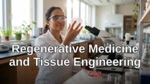 A scientist in a modern, brightly lit laboratory carefully examines a petri dish containing growing tissue cultures under a microscope, surrounded by advanced biomedical equipment.