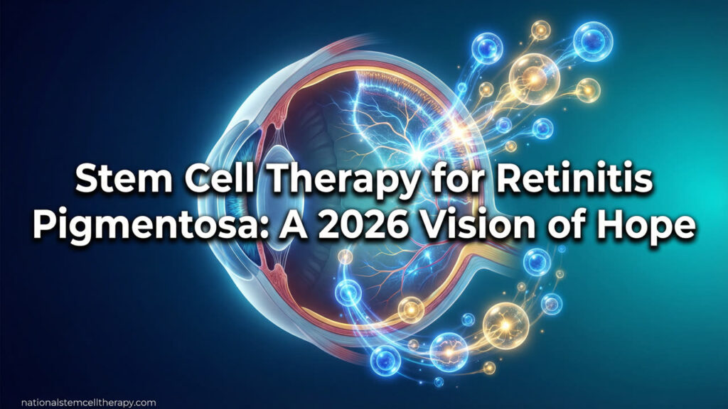 Stem cell therapy for retinitis pigmentosa - glowing eye cross-section with stem cells restoring retinal tissue