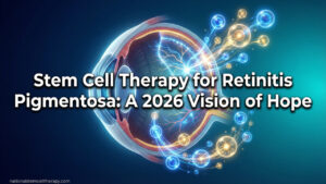 Stem cell therapy for retinitis pigmentosa - glowing eye cross-section with stem cells restoring retinal tissue