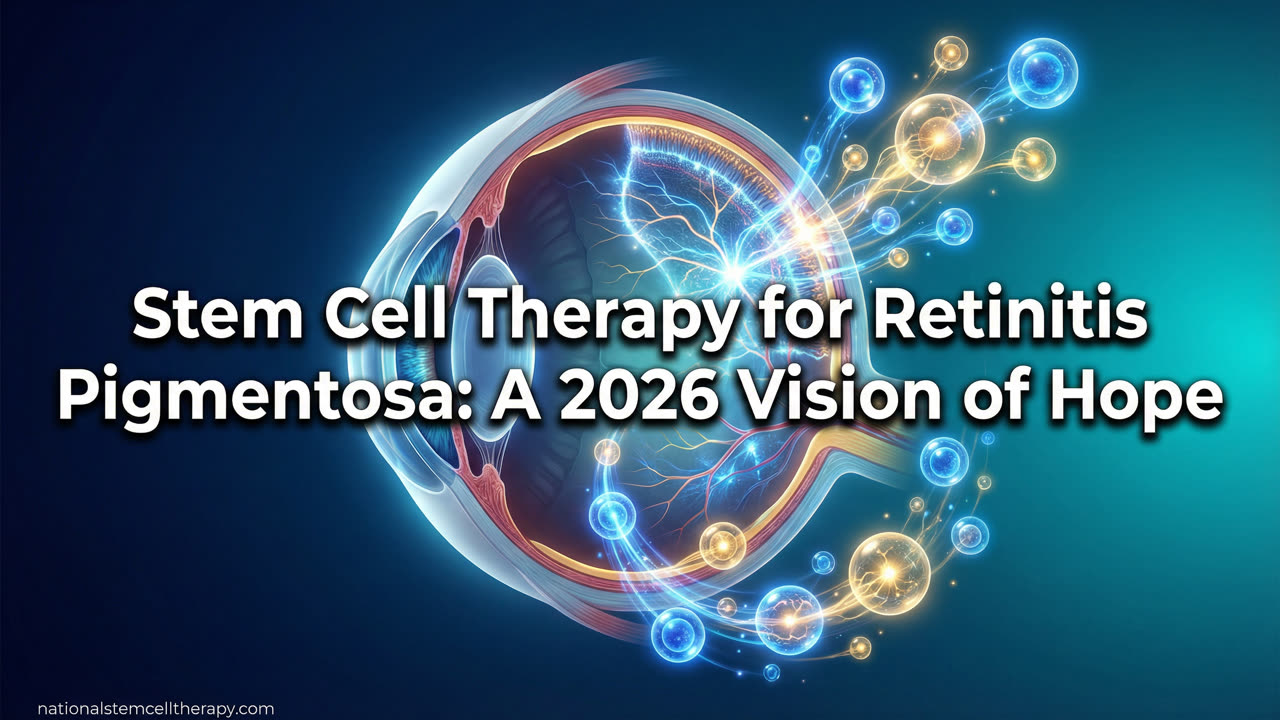 Stem cell therapy for retinitis pigmentosa - glowing eye cross-section with stem cells restoring retinal tissue