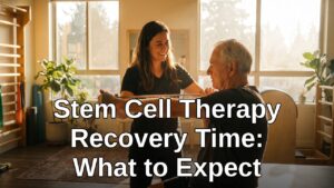 Physical therapist helping elderly patient with recovery exercises after stem cell procedure