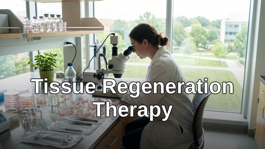 A scientist in a modern lab examines tissue samples under a microscope, surrounded by advanced biotechnology equipment.