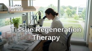 A scientist in a modern lab examines tissue samples under a microscope, surrounded by advanced biotechnology equipment.