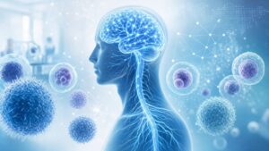 Medical illustration of stem cell transplant research for multiple sclerosis involving brain, spinal cord, and immune cells