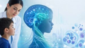 Medical illustration of pediatric cerebral palsy stem cell research and brain metabolic imaging