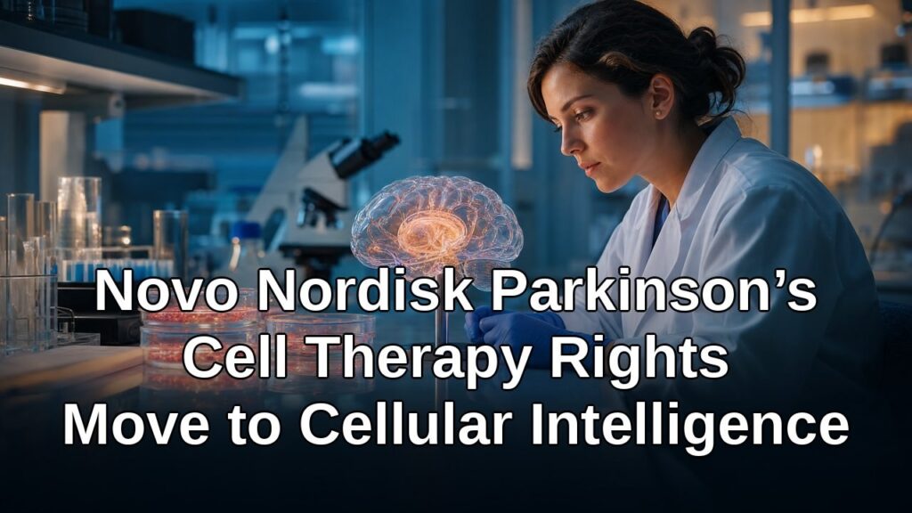 Scientist studying a glowing brain model in a lab for an article about Novo Nordisk Parkinson’s cell therapy rights moving to Cellular Intelligence