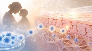 Medical illustration of mesenchymal stem cells and skin barrier repair research for pediatric epidermolysis bullosa