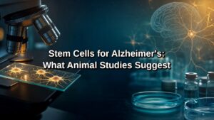 Microscope image of stem cells with soft brain neuron illustration in the background