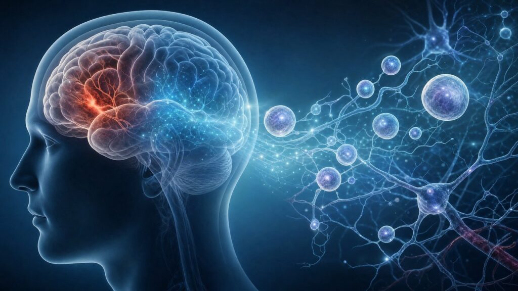 Medical illustration of stem cells and neural repair after stroke