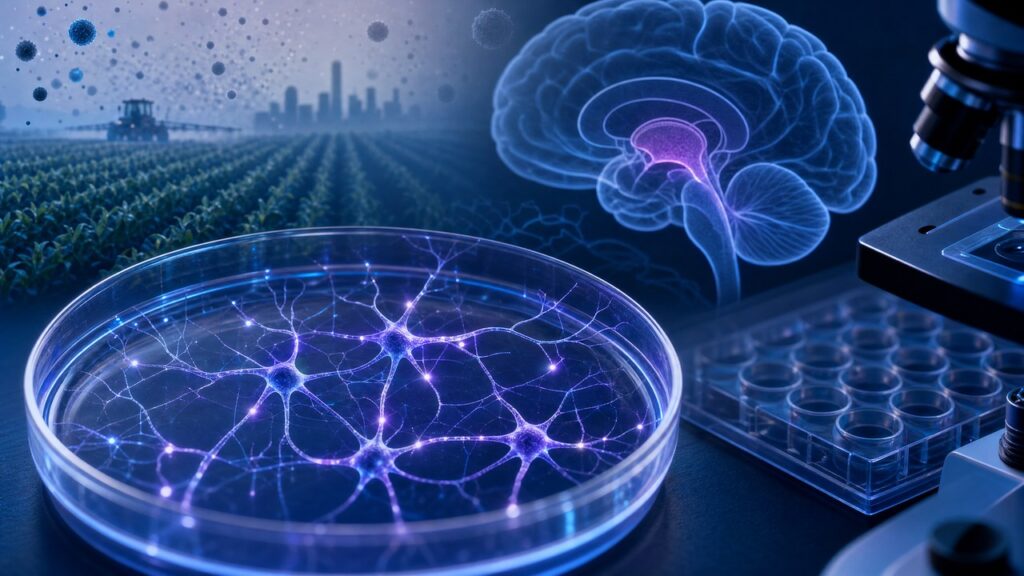 Medical illustration of stem-cell-derived dopamine neurons used to study Parkinson’s disease and environmental risk