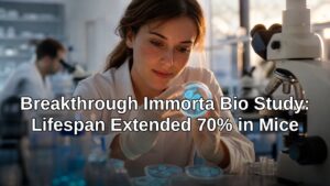 Scientist examining glowing stem cell cultures in a lab, representing the Immorta Bio study on lifespan extension using senolytics and stem cells.