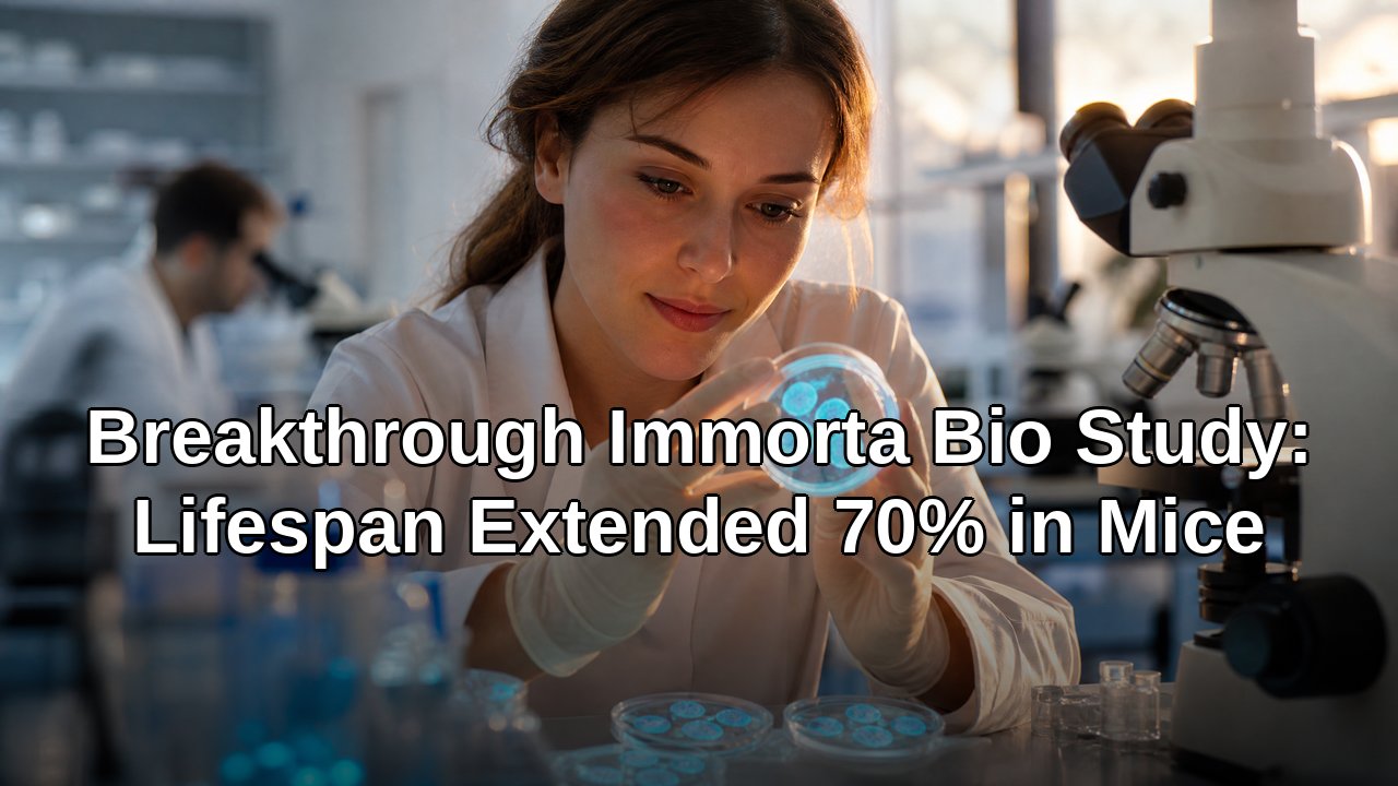 Scientist examining glowing stem cell cultures in a lab, representing the Immorta Bio study on lifespan extension using senolytics and stem cells.