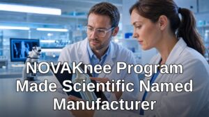 Researchers reviewing a knee joint model for the NOVAKnee living biologic knee replacement program.