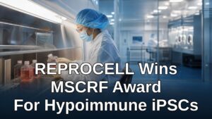 Scientist in a cleanroom representing REPROCELL hypoimmune iPSC platform manufacturing