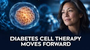 Illustration of encapsulated insulin-producing cells and a woman representing cell-based therapy for diabetes research