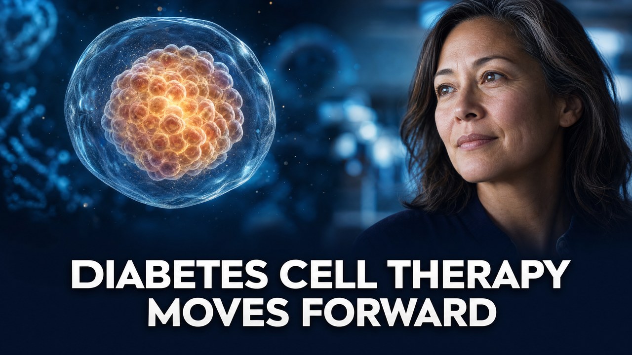 Illustration of encapsulated insulin-producing cells and a woman representing cell-based therapy for diabetes research