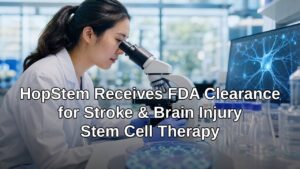 Researcher examining neural stem cell cultures under a microscope, representing HopStem FDA clearance for stroke and brain injury stem cell therapy