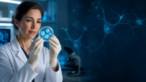 Stem cell scientist examining iPSC cell cultures in a laboratory